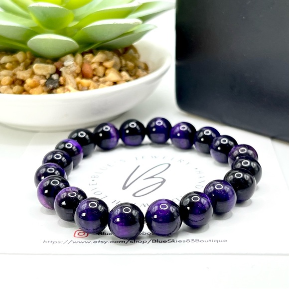 Dark Purple Tigers Eye Beaded Bracelet - Picture 2 of 7